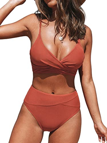 CUPSHE Bikini-set, crossover bustier med hög midja, elegant tvådelad baddräkt, Tegelröd, XL