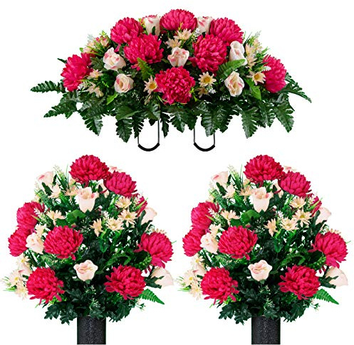 Sympathy Silks Artificial Cemetery Flowers – Realistic Vibrant Roses, Outdoor Grave Decorations - Non-Bleed Colors, and Easy Fit - 2 Beauty Mum and Pink Rose Bouquets & 1 Saddle