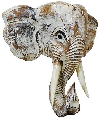 Stoneage Arts Elephant Head Mask Decor a Magnificent Impressive Size Safari Wall Hanging Hand-Carved and Painted (White, 20 inch)