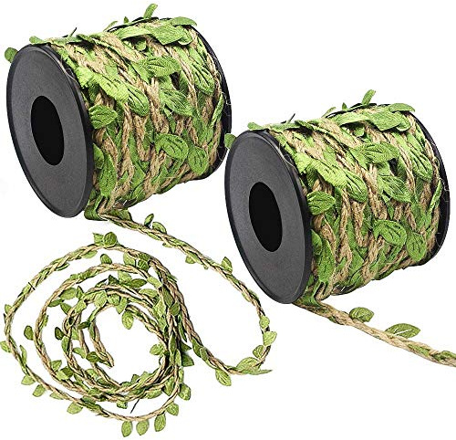 FYSL 66Ft Artificial Vine Fake Foliage Leaf Plant Garland, Natural Jute Twine with Green Leaves, Burlap Leaf Ribbon for Wedding Home Garden Decoration