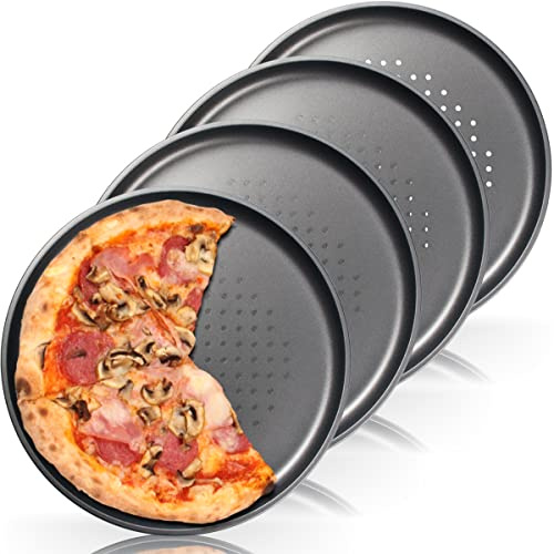 Stimo 4x Pizzablech ∅ 32 cm Rund, gelocht und antihaft beschichtet für Pizza & Flammkuchen Knusperblech (4er SET)