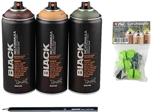 Sprühdosen Set Montana camouflage Tarnfarben + Bleistift und Ersatz-Sprühköpfe - verschiedener Strichbreiten, hochdeckende Mattfarben - zuverlässig - high-pressure