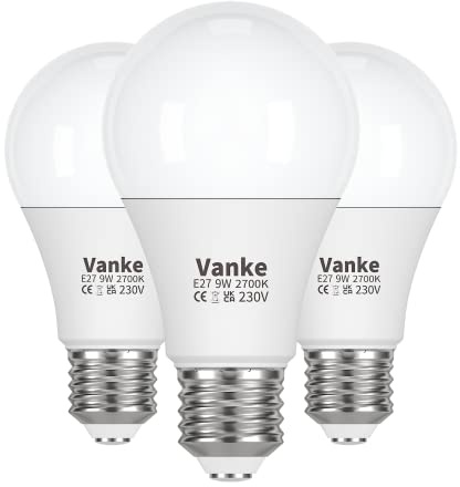 Vanke E27 Screw Bulb, 9W(60W Equivalent), Warm White 2700K, Pack of 3 | ES A60 LED Bulbs, Large Screw in Light Bulb, 806 Lumen, Save 85% Energy, Non-Dimmable