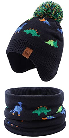 XIAOHAWANG Baby Strickmütze Winter Babymütze Junge Warme Kindermütze Junge Beanie Mütze Dicke Wintermütze für Herbst,Winter (Bunte Dinosaurier(Hut+Schal), 4-7Jahren)