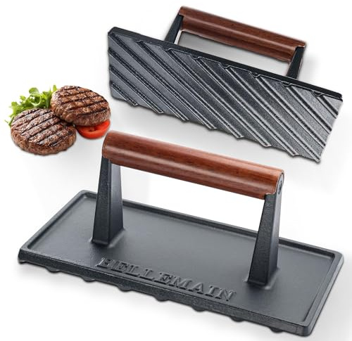 Bellemain Bacon Press Rectangle | Heavy-Duty Cast Iron Grill Press for Perfectly Seared Bacon, Steak & Sandwiches | Equalized Weight Distribution