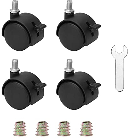Lot de 4 roulettes pivotantes en nylon avec frein, écrous filetés M7,5 et clé à molette en plastique, noir
