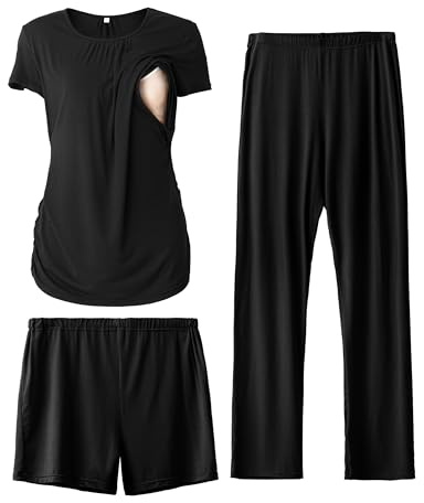 SUNNYBUY Pijama Premamá y Lactancia 3 Piezas con Pantalón y Short | Camiseta de lactancia, pantalón largo y short premamá para embarazo, posparto y todas las estaciones