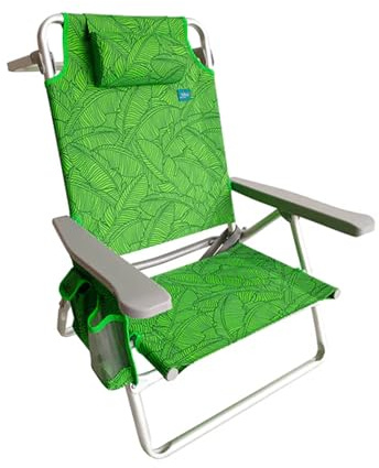 Bliss Hammocks Folding Beach Chair, Adjustable Recliner, Outdoor Backpack Seat with 24 Towel Rack and Cup Holder, 275lb Capacity, Green Banana Leaves
