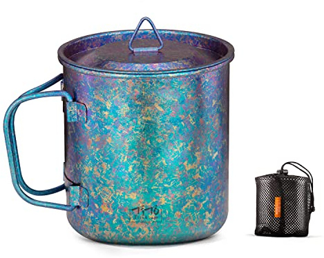 TiTo Titanium Tasse Camping Tee Kaffee Wasser Becher Ultraleicht Tragbares Kochgeschirr 450 ml Faltbarer Griff Titan Topf mit Deckel für Outdoor Rucksackreisen Wandern Picknick Trinkgeschirr offenes