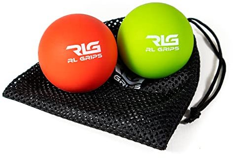 RLGrips® Pack de 2 Pelotas de Masaje Miofascial para Espalda Cuello y Piernas - Bolas de Lacrosse para Automasaje y Rehabilitación de 6,3mm Verde y Rojo