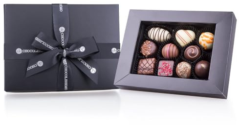 CHOCOLISSIMO - Chocolats à Offrir - Chocolat Belge - 10 Pralines Fins dans Boîte Noire - avec Alcool - Idée Cadeau Anniversaire, Saint Valentin pour Femme, Homme, Papa, Maman