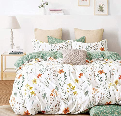 Lanqinglv Réversible Housse de Couette 220x240 cm 2 Personnes et 2 Taie d'oreillers 65x65 cm Adulte Vert Blanc Floral Parure de Linge de Lit Motif Feuilles Fleurs avec Fermeture Éclair
