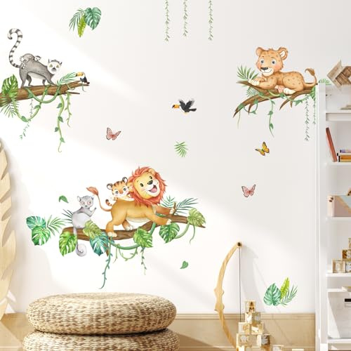 Tanlaby Tier auf Baum Wandtattoo Wandsticker Löwe Leopard Lemur | Selbstklebend Abnehmbar Wandkunst Aufkleber für Kinderzimmer Spielzimmer Wanddekoration