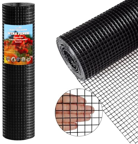 Thinkahead Black Hardware Cloth 1/2 in 24 x 50 ft 19 Gauge Vinyl PVC Coated Galvanized Chicken Wire Fencing, Garden Fence, Rabbit Wire
