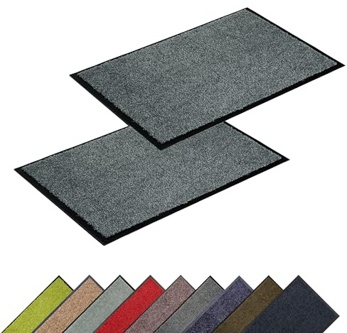 Hochwertige waschbare Schmutzfangmatte innen - Grau 2er Set 60 x 90 cm | Fussmatte bei 30° C waschbar Fußmatte rutschfeste Läufer Schuhablage Flur Türmatte strapazierfähig Küchenläufer pflegeleicht