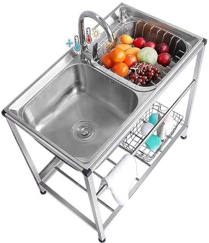 Fregadero de acero inoxidable 304, fregadero doble con escurridor, cocina de restaurante comercial para garaje de lavandería interior y exterior