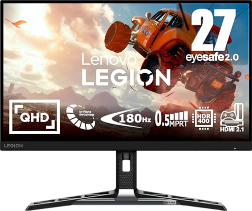Lenovo Legion R27qe Pantalla Gaming 27 QHD (IPS, 180Hz, 0.5ms MPRT, Cable DP, HDMI, AMD FreeSync) Ajuste de inclinación/Altura/rotación/pivote - Negro