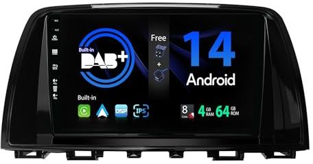 SXAUTO Android 13 Safem Inbyggd DAB🏻 IPS bilradio för Mazda ATENZA Mazda 6 (2012-2015) - Trådlös Carplay/Android Auto/DSP - LED-kamera + MIC - 4G+64G - 9 tum 2 Din - 360-CAM snabbstart AHD WI-ratt FI
