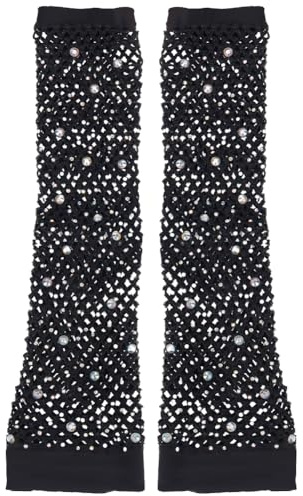 GORGECRAFT 2 Paio di Guanti da Donna A Rete con Strass Neri 80pz in Nylon Scaldamuscoli Guanti A Rete Lunghi 10.6 Pollici Senza Dita Glitterati Manica A Rete per Donne Ragazze Festa A Tema Halloween