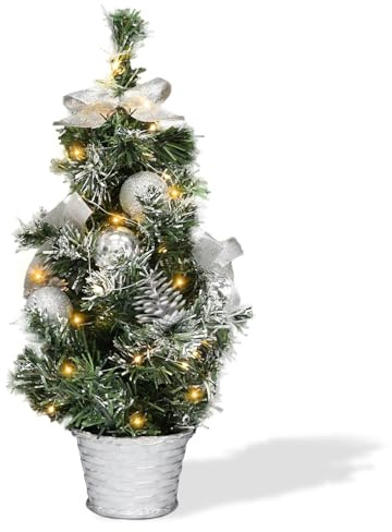 Mini Albero di Natale Artificiale 40 cm Con 20 Luci LED, Pigne, Palline - Decorazione da Tavolo per Casa, Ufficio (Argento)