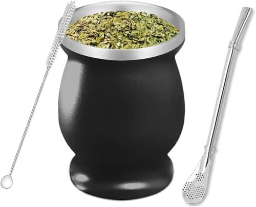 ACTIUSIS Mate Cup, set di tazze da tè Mate, con cannuccia Mate e spazzola per la pulizia, design a doppia parete isolata, per tè Mate (nero)