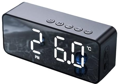 Asixxsix Réveil avec Haut-Parleur Bluetooth avec Radio FM, Horloge LED Miroir, Horloge Numérique avec Haut-Parleur Bluetooth, Affichage de la Température et Double Alarme pour la Maison,