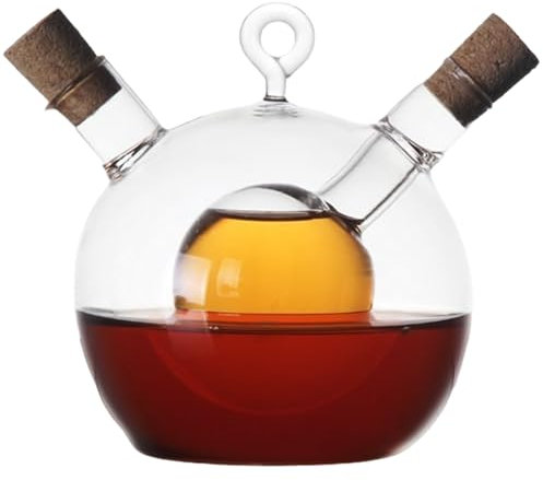 Dispensador de aceite y vinagre Set 2 en 1 Botella de dispensador de aceite y vinagre 350 ml+50 ml de aceite de vidrio y botella de vinagre en forma de bola de 4x4.5 pulgadas con tapón de corcho.