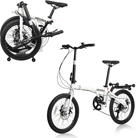 WEEROCK 20 Inch Folding Bike, 7 Speeds Foldable Bicycle, Tri-Fold/ 3-Fold Design with Rear Rack 4 Wheels for Easily to Move After Folding, Steel Frame Bicycle for Men Women Adult, White