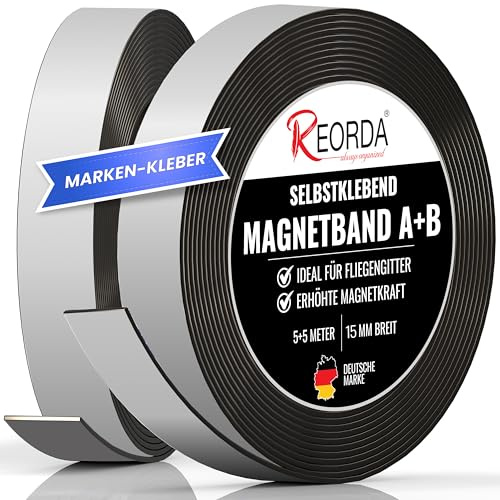 REORDA® Magnetband A B (EXTRA STARKER MARKEN-KLEBER) 5 Meter I Selbstklebender Magnetstreifen für Fliegengitter & Moskitonetze für beste gegenseitige Anziehung - Magnetband selbstklebend