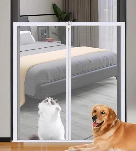 Hundeschutzgitter mit Reißverschluss & Selbstklebend, Katzennetz Tür mit Anti-Katzenkratzen, Treppenschutznetz für Wohnzimmer/Schlafzimmer, Kindersicherung Treppe ohne Bohren(White mesh white frame,15