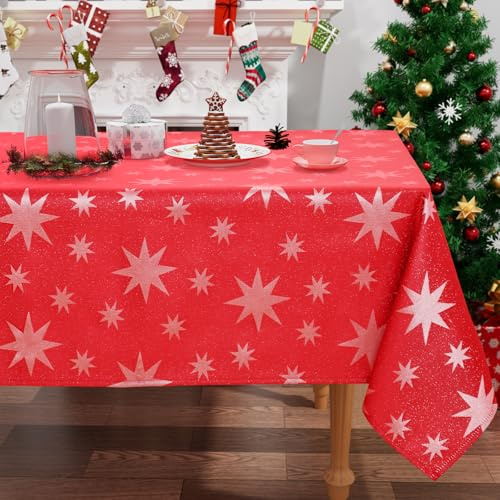 smiry Tischdecke Weihnachten Abwaschbar 140x100cm Rote Weihnachtstischdecke mit weißem Sternenmuster Wasserabweisend Lottusffekt Fleckschutz für Küche Party Deko