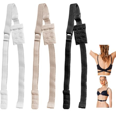 3PCS Low Back Bra Converter Straps, Adjustable Back Band for Backless Bras For Women Dress Wedding Party, Black White Beige
