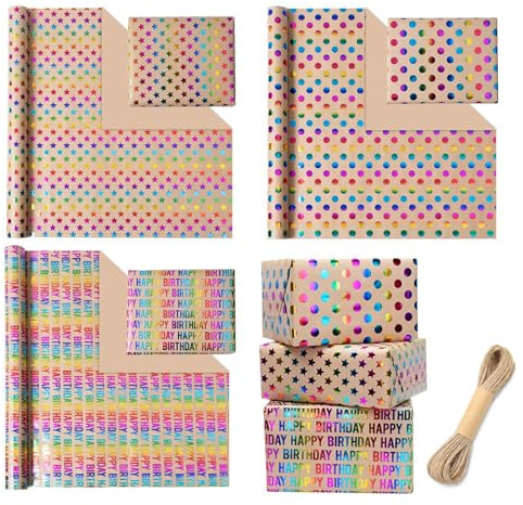 Geburtstag Geschenkpapier Bunte Set - 3 Rollen 43x300cm Regenbogen Glitzernde Geschenkverpackung, Braun Kraftpapier Geschenkpapierrollen Recycelbar Geschenk Papier für Geburtstagsanlässe Weihnachten