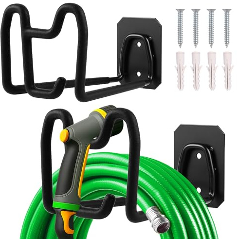 2 Stück Metall Schlauchhalter, Gartenschlauchhalter Wandhalterung, Gartenschlauch Aufhängung für Wasserschlauch Vakuumschlauch, Verlängerungskabel für Außenhof - Schwarz