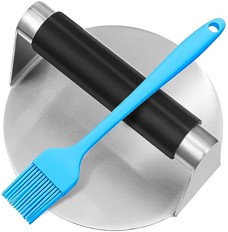 Gatuida Presse Burger INOX avec Poignée Silicone Confortable Et Brosse Basting pour Cuisine Facile Presse Viande Uniforme pour Hamburgers Et Barbecue