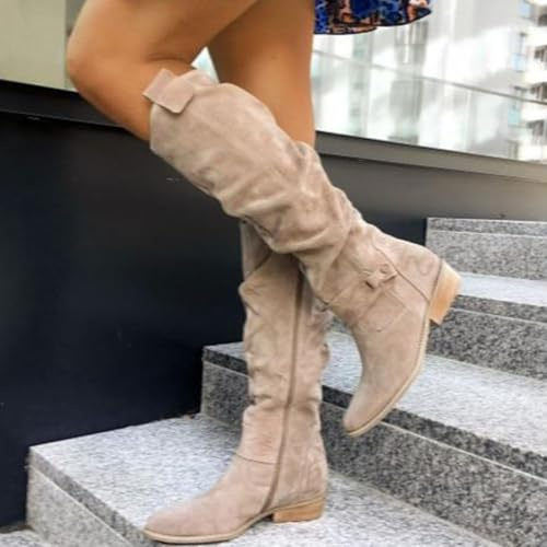 Generisch Stiefel Damen Bequeme Wildleder Elegant Absatz Westernstiefel Damen Runde Zehen Hohe Einfarbige Langschaft Boots Damenstiefel Winterstiefel