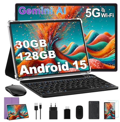 Tablet Android 15, 30GB RAM 128GB ROM(TF 2TB Espandibile), 10 Pollici, 8000mAh, WIFI 5G/ GPS/ BT5.0/ OTG, Face ID, Widevine L1, Tablets Corpo in Metallo con Tastiera, Mouse, Custodia Protettiva -Viola