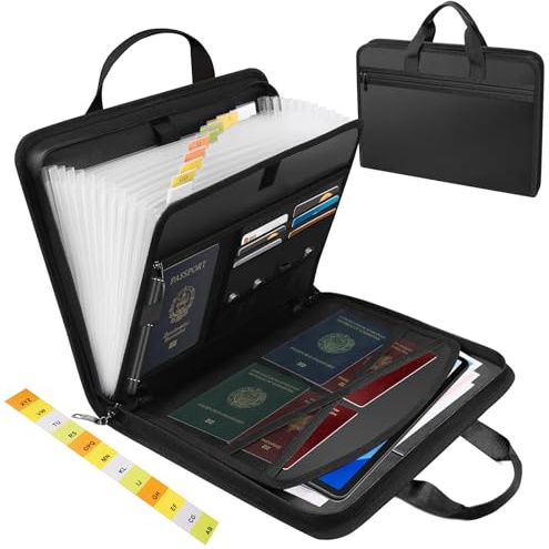 Carpeta Clasificadora Ignífugo, AUNHOKE Bolsa Ignífuga A4 con Asa y 13 Compartimentos, Carpeta para Documentos Ignífuga e Impermeable Carpetas para Documentos Importantes Pasaportes Recibos