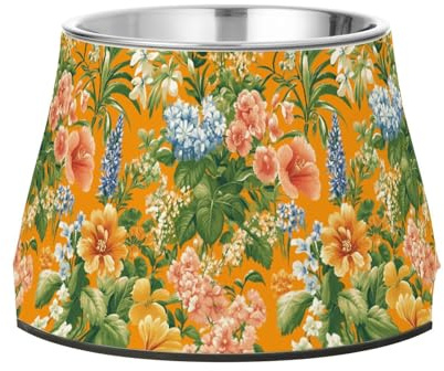 Spring Flowers Cactus Hyacinth Orange Raised Pets Water Bowl with Stand Stainless Steel Raised Cat Bowls for Slow Feed Cats Comfort Feeding