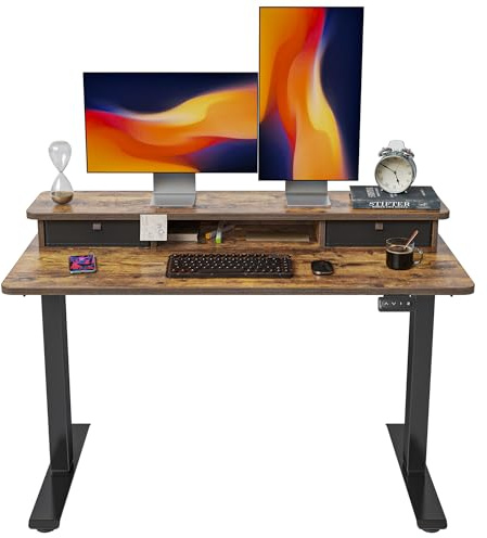 FEZIBO Höhenverstellbarer Elektrischer Stehtisch mit Doppelschublade, 120 x 60 cm Heimbüro Schreibtisch mit Ablagefach, Sitz-Steh-Schreibtisch Computerarbeitsplatz, Braun