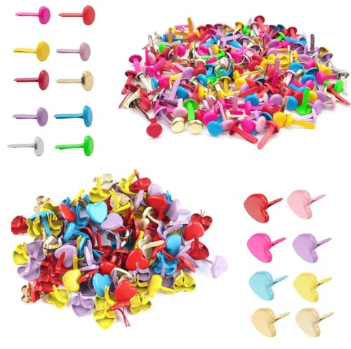 VEOIRXU 200 Piezas Scrapbooking Encuadernadores Metalicos Colores 100 Redonda Fasteners+100 Corazón Fasteners Mini Brad Fasteners para Scrapbooking Manualidades Papel Escuela Oficina Multicolor