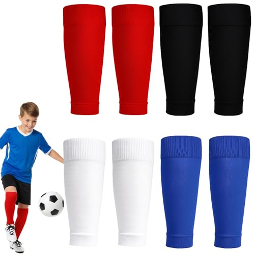 4 Paar Fussballstutzen Kinder 4 Farben Lange Stutzen Ohne Socken Kinder Dehnbare Atmungsaktive Fußball Sleeves, Stulpen für Jungs Fußball Basketball Laufen und Radfahren Marathon Schwarz/Weiß/Blau/Rot