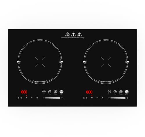 GIHETKUT 2 burner induction hob,220V 3600W 2 burner ceramic hob with Brushed Panel LED touch Control, induction hob with 8 Power Levels, Kids Lock & 4H Timer