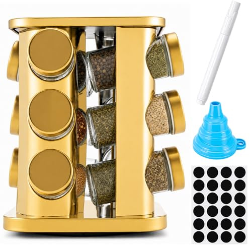 GREENSAPPIRE Rotating Spice Rack with 12 Glass Jars, 360° Countertop Spice Rack with Stainless Steel Frame, Seasoning Storage Rack for Kitchen Cabinets