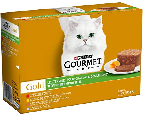 GOURMET | GOLD | Les Terrines | Chat Adulte | Délicieuses recettes à la viande, poisson et légumes à la texture légère et savoureuse | Au Poulet, Boeuf , Canard, Thon | Boîtes | Lot de 8 (12x85g)