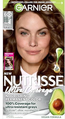 Garnier Nutrisse Ultra Coverage Hair Color, Permanent Hair Dye for Up to 8 Weeks of Stubborn Gray Coverage, Vegan & Cruelty-Free, 600 Deep Light Natural Brown (Spiced Hazelnut), 1 Count