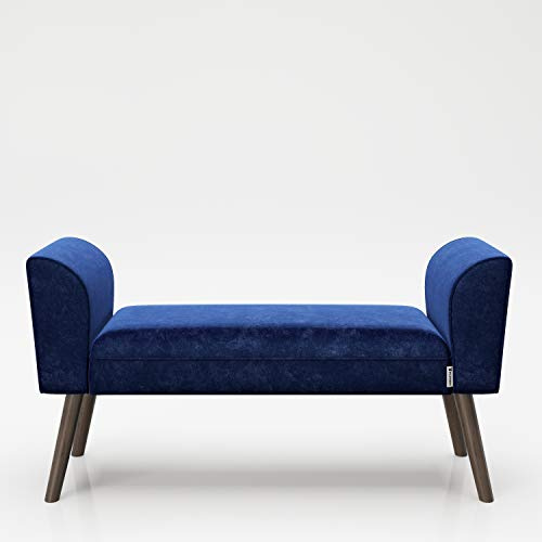 PLAYBOY Sitzbank mit Samtüberzug in Blau und stabilen Massivholzfüssen, gepolsterte Bank aus Stoff, Sitzhocker, Fusshocker mit Samt, Retro-Design, Club-Stil für Diele- und Eingangsbereich
