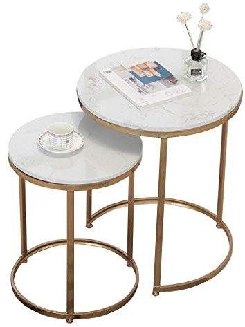 2er Set Satztisch Weiß, Runder Couchtisch Simplistic Beistelltisch | Dekor Couch Nachttisch für Zuhause Wohnzimmer | Marmor Metal Base Nesting