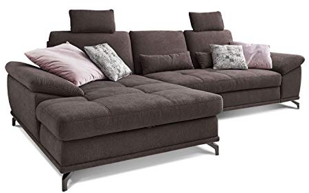 Cavadore L-Form-Sofa Castiel mit Federkern / Großes Schlafsofa in L-Form mit Bettkasten, Sitztiefenverstellung, Kopfstützen und XL-Longchair / 312 x 114 x 173 / Webstoff, Dunkelbraun