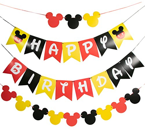 CHuangQi Colorful Happy Birthday Banner with Mickey Style Bunting, Mickey-themed Birthday Party Supplies